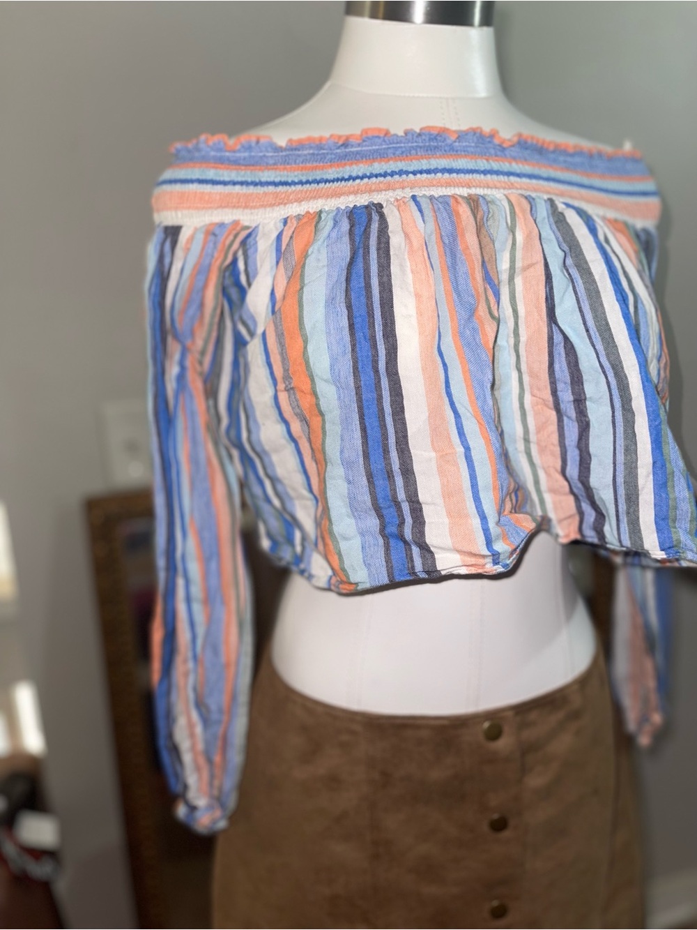 Forever 21 Off-the-Shoulder Striped Crop Top in Blue, Peach & White